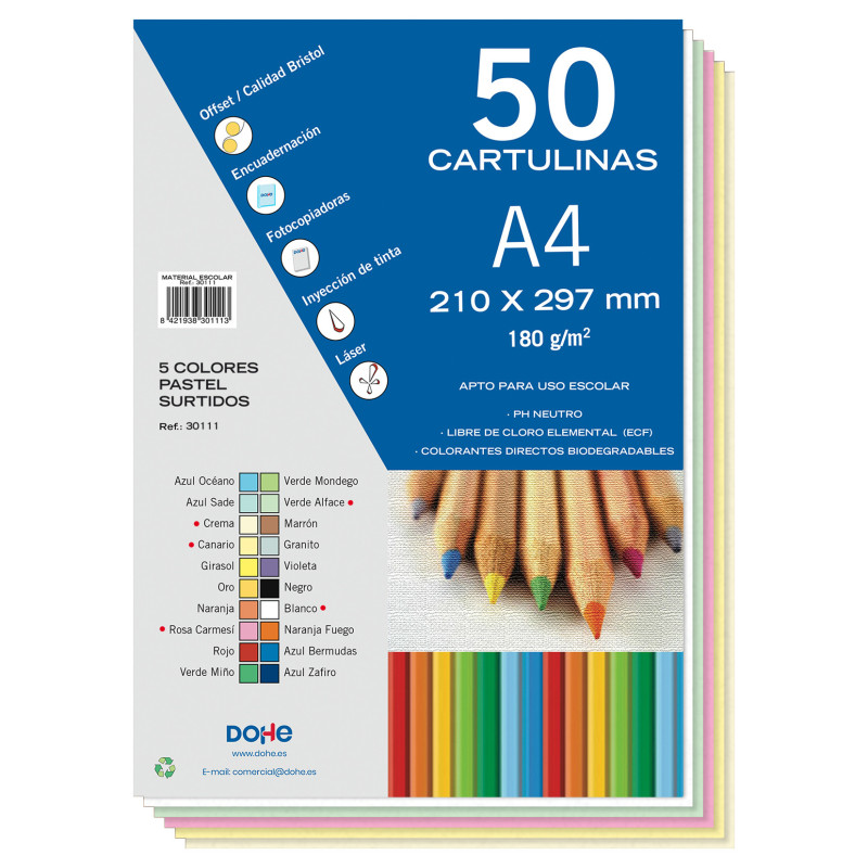 CARTULINA A4 SURTIDOS CLAROS 180G A4 50H.